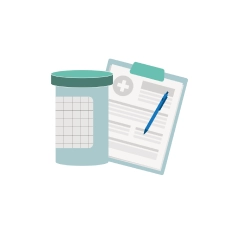 Illustration of a bottle of pills and a clipboard with papers on it