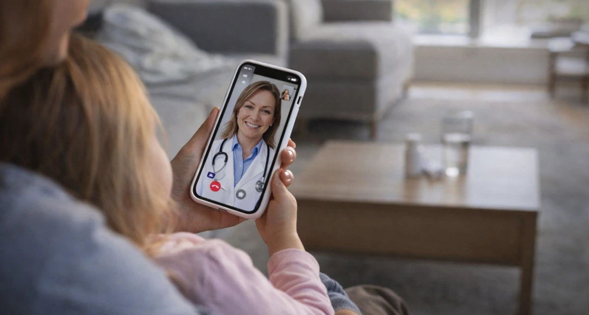 Mom with child talking to a doctor on Patient To Prescription app.